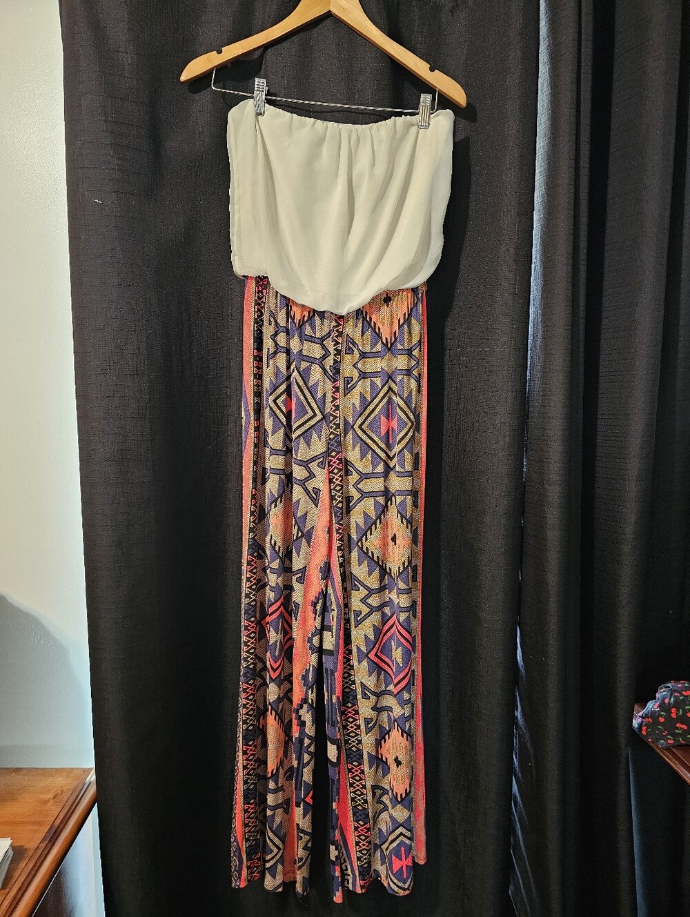 Cream Strapless Wide-Leg Jumpsuit with Multicolor Aztec Print Pants M
